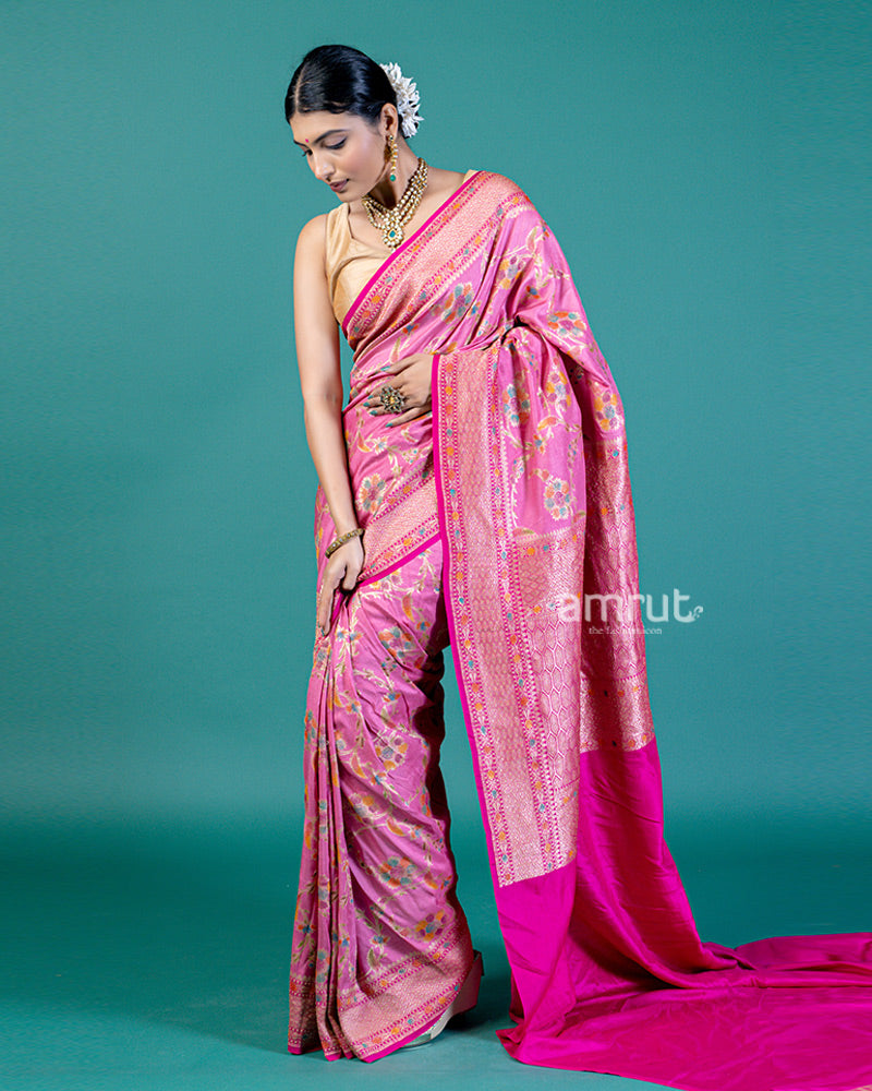 Pink Zari Embroidered Saree with Unstitched Blouse