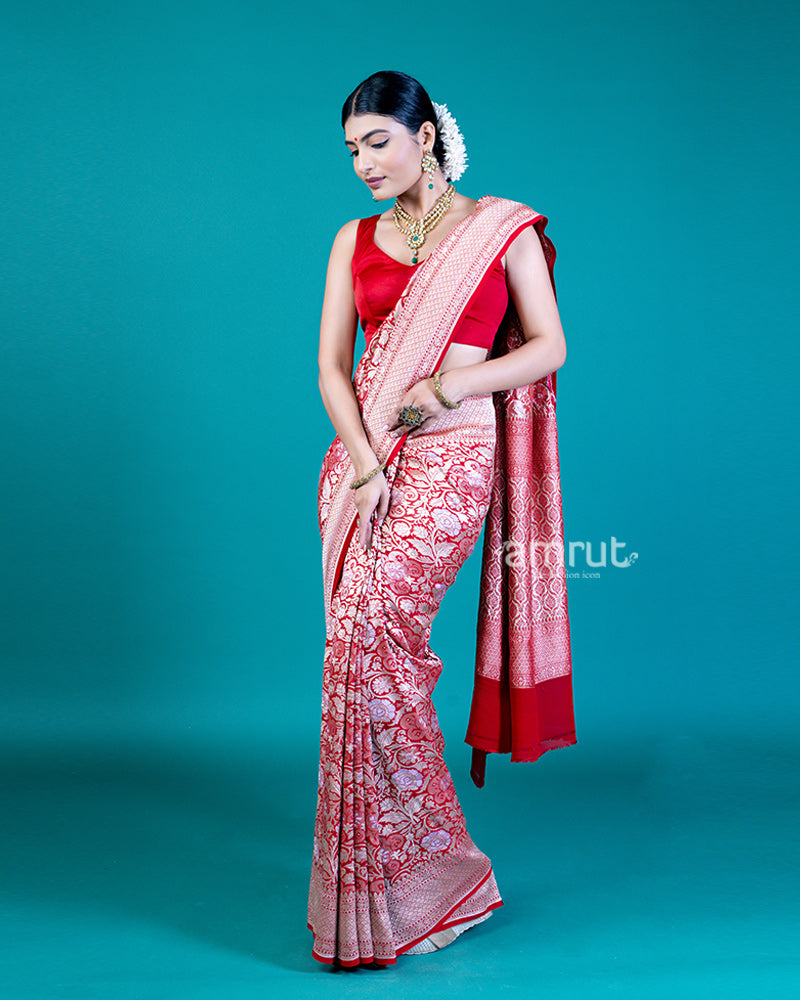 Red Floral Zari Embellishments Saree and Unstitched Blouse