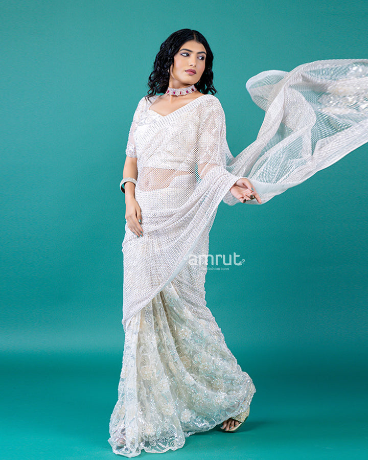 White Saree with Intricate Embroidery, Sequin, and Bead Work