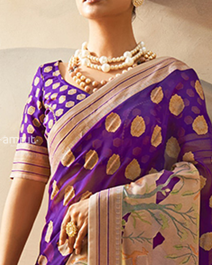 Purple with Golden Polka Dots, Nature-Inspired Print Border Georgette Saree and Unstitched Blouse