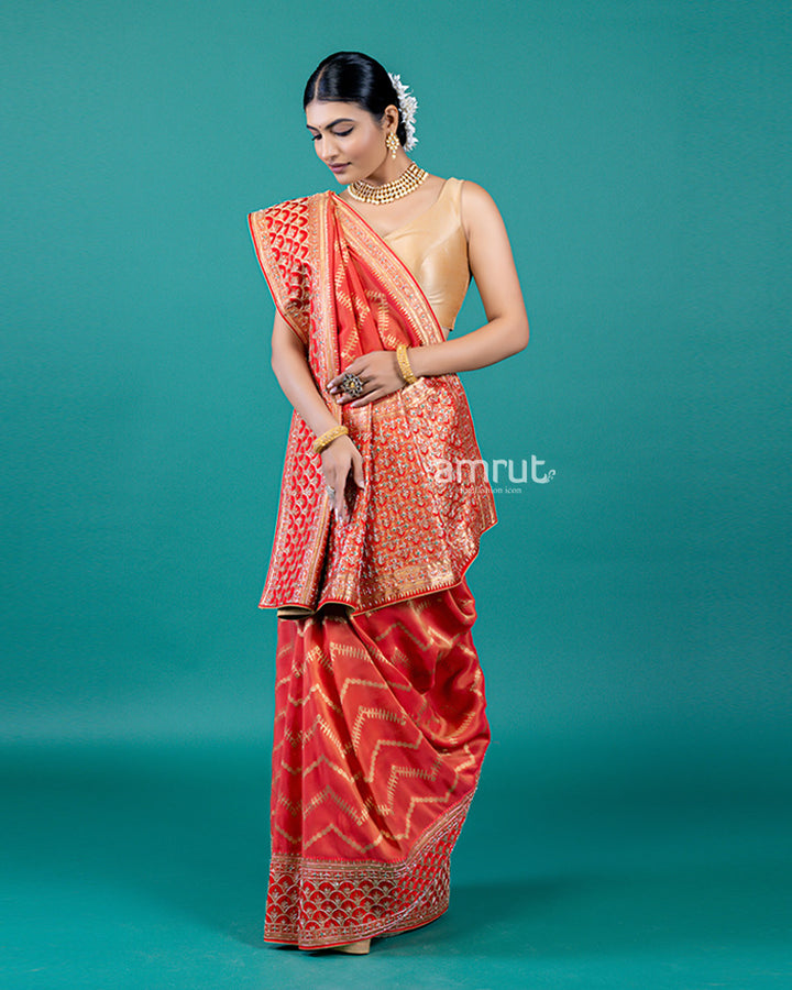 Red Silk Saree with Gota Patti Embellishments and Unstitched Blouse