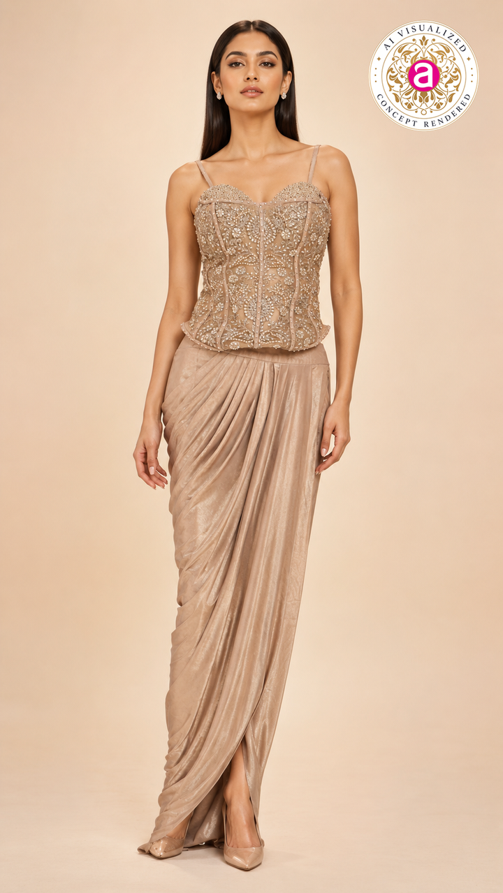Embellished Corset Top with Draped Skirt Set