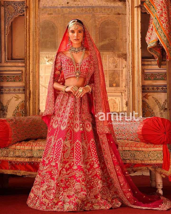 Crimson Pink Elegance Golden Embroidered Bridal Lehenga with Gradient Dupatta