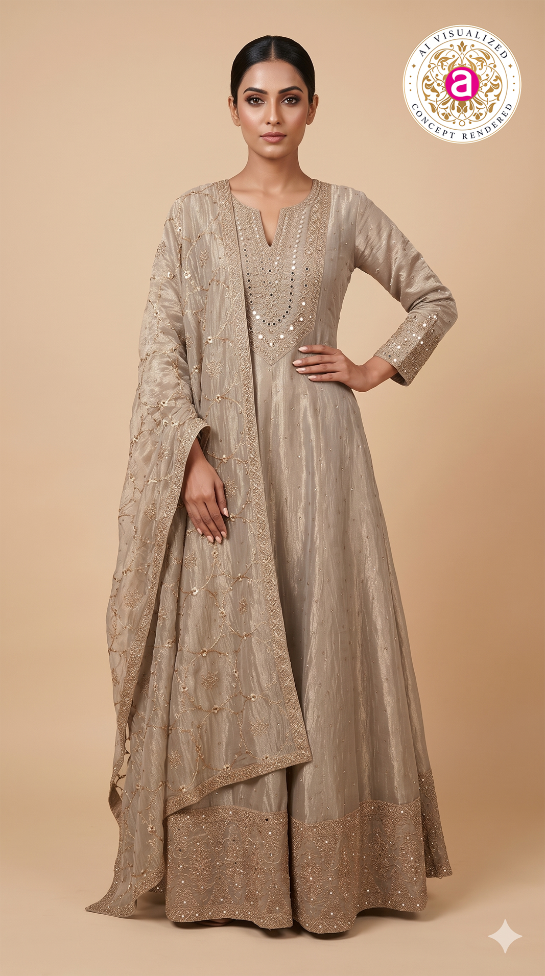 Champagne Beige Embroidered Anarkali Suit Set with Dupatta