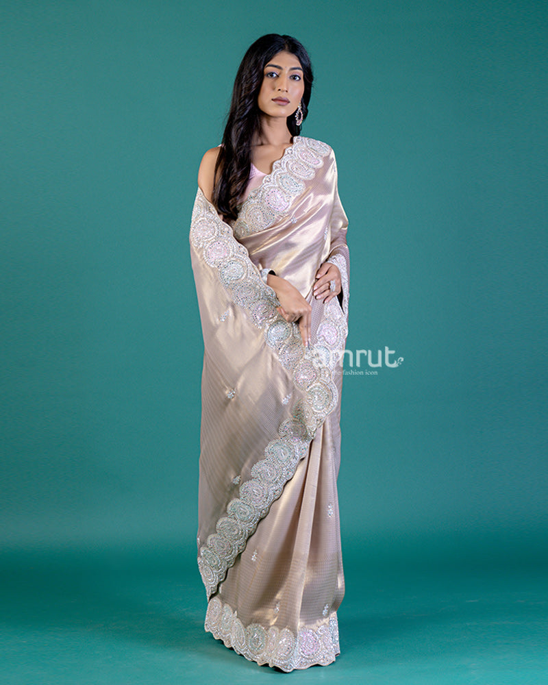 Beige Silk Saree with Intricate Border Detailing and Unstitched Blouse