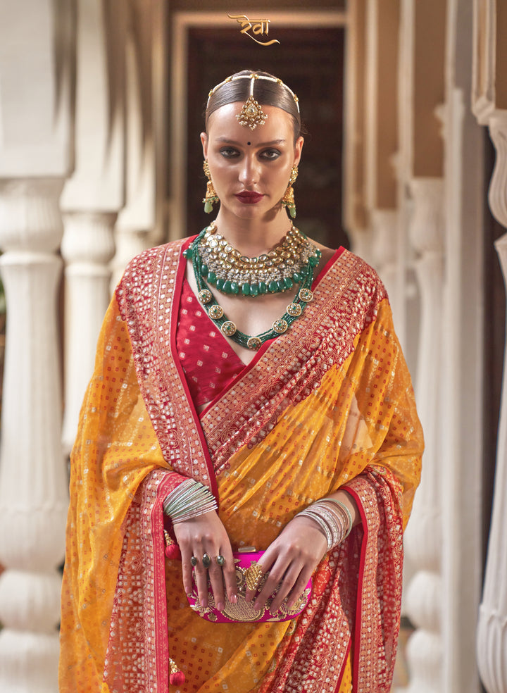 Royal Haldi Yellow & Red Zari Border Designer Festive Saree