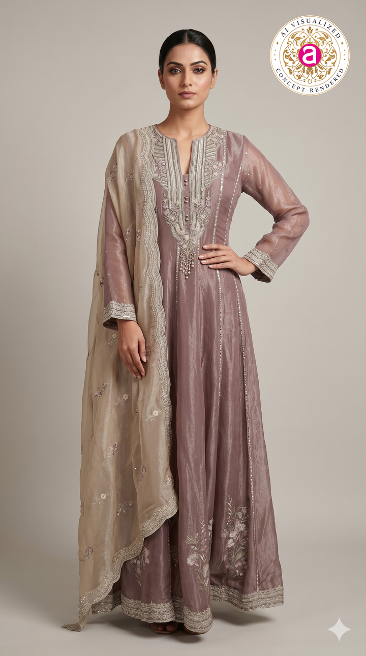 Dusty Mauve Embroidered Anarkali Kurta Set with Palazzo & Organza Dupatta