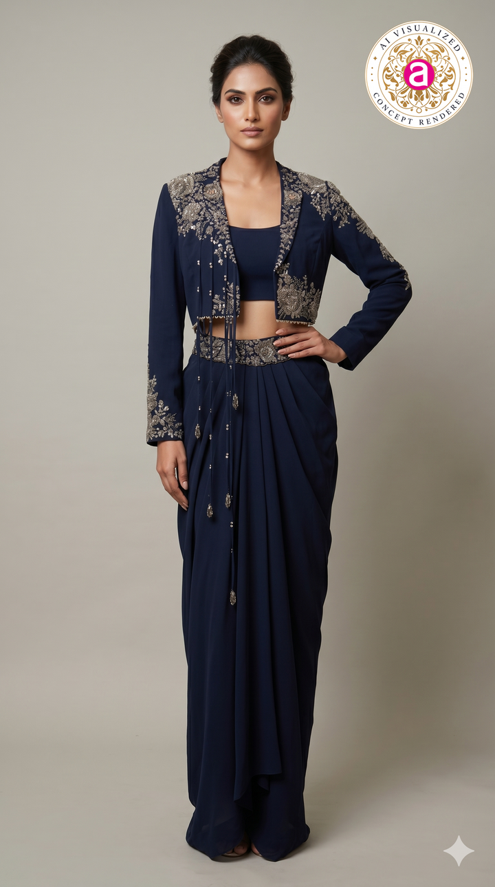 Midnight Navy Indo-Western Drape Set with Embroidered Jacket