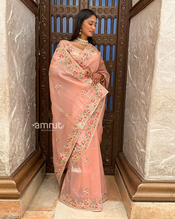 Peach Embroidered Organza Saree with Stitched Blouse