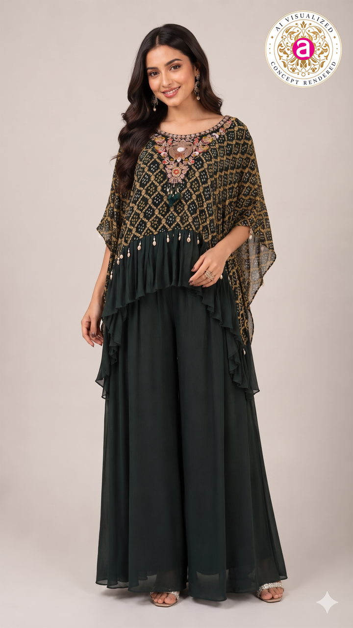 Bottle Green Handwork Kaftan Palazzo Set