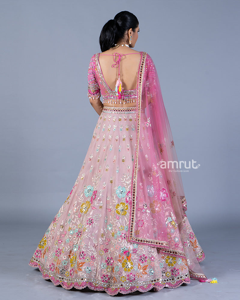 Light Pink Floral Embroidered Lehenga and Embellished Choli with Ombre Dupatta