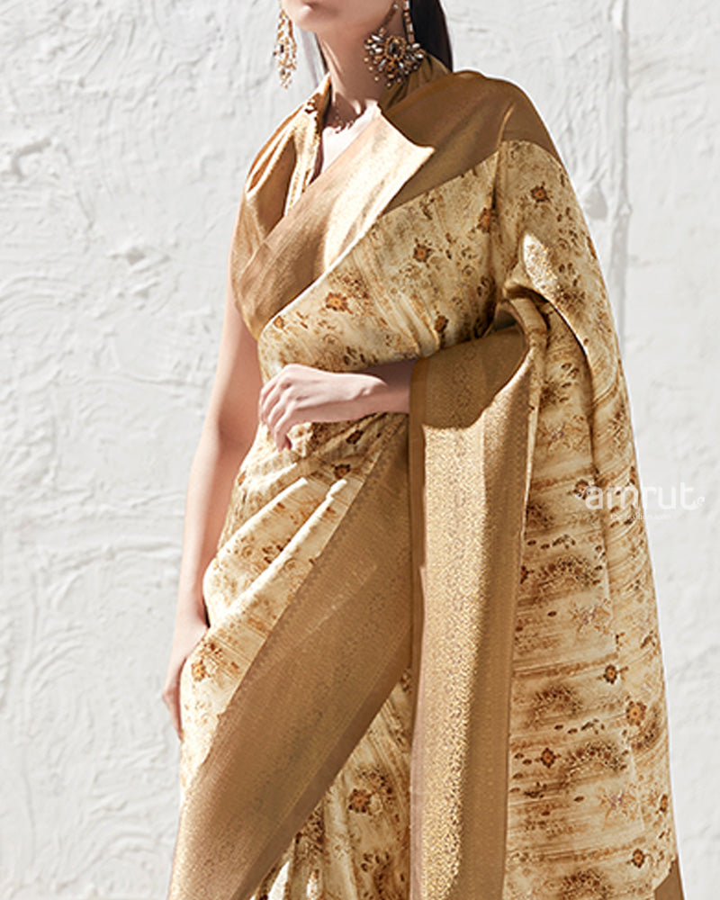 Golden Brown Floral-Print Cream Silk Saree with Unstitched Blouse