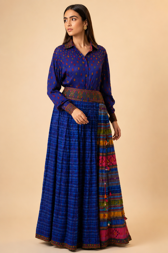 Royal Blue Printed Designer Shirt & Flared Skirt Set
