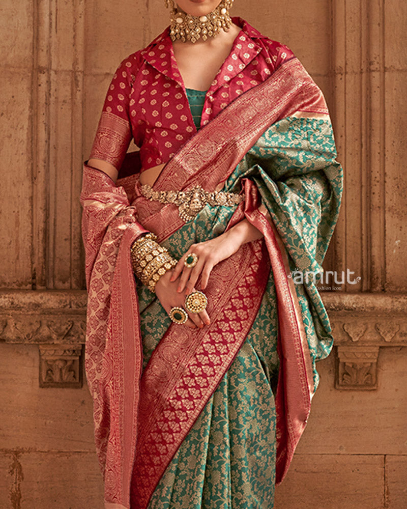 Green and Red Gold-Toned Ethnic Motifs Design Zari Silk Saree with Unstitched Blouse