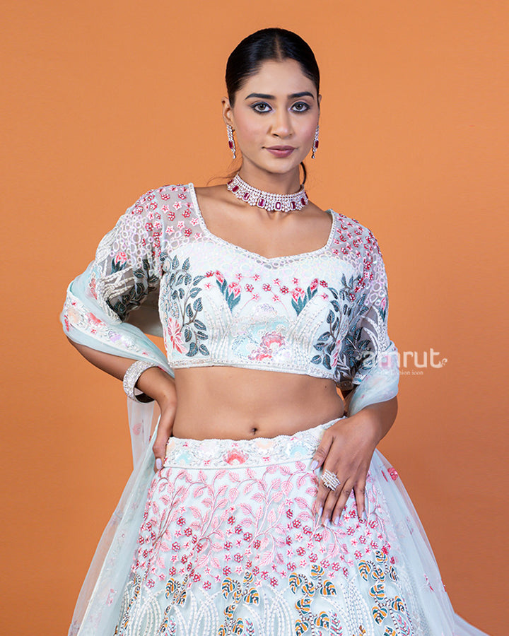 White and Powder Blue Embroidered Lehenga Choli Set with Dupatta