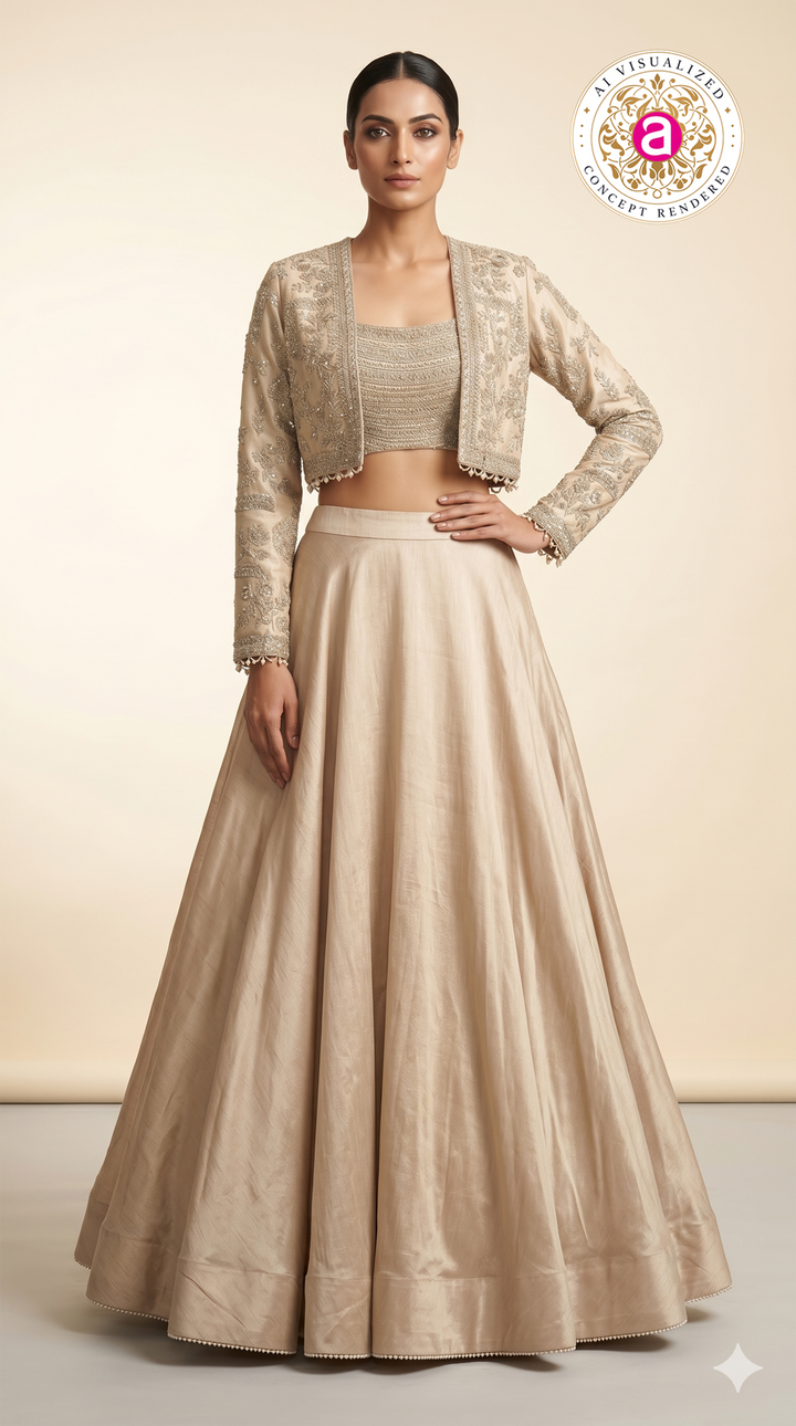 Champagne Beige Embroidered Lehenga Set with Jacket