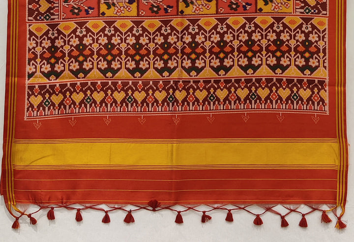 Red & Mustard Traditional Patola Inspired Silk Blend Saree with Folk Motifs P17