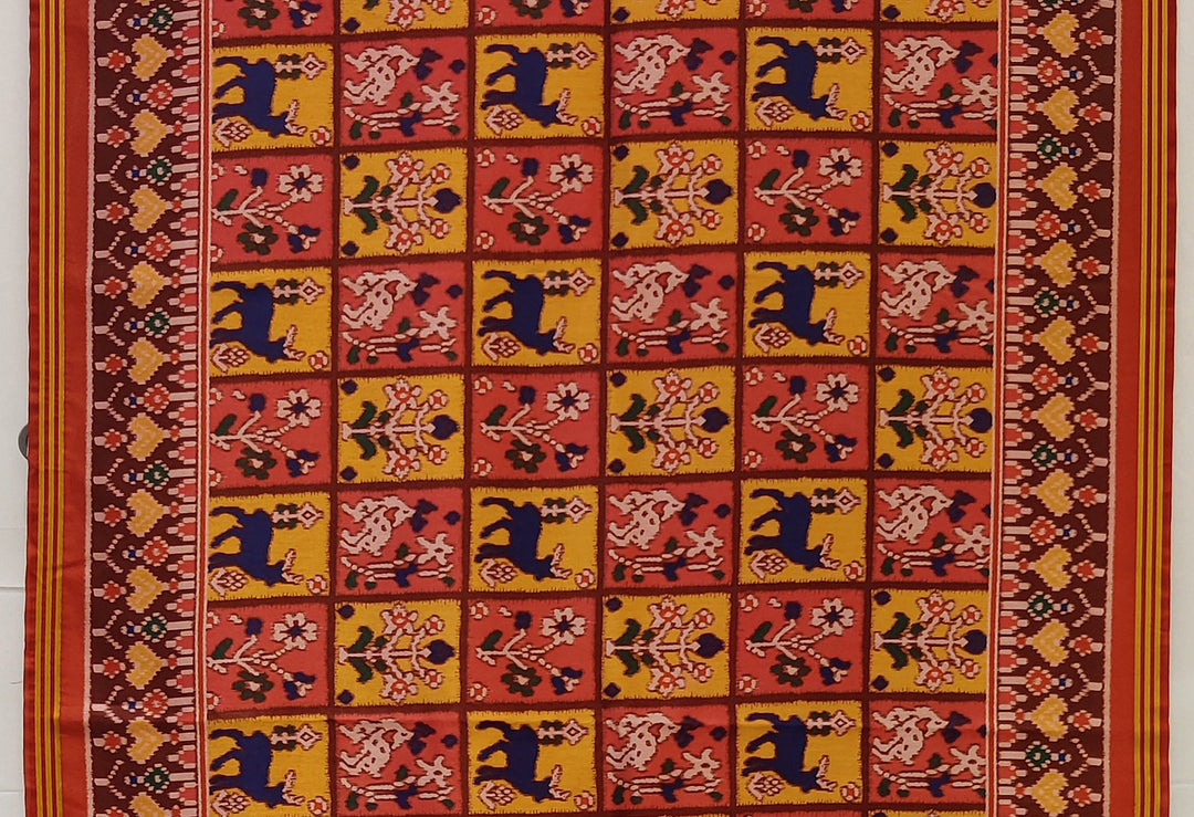 Red & Mustard Traditional Patola Inspired Silk Blend Saree with Folk Motifs P17