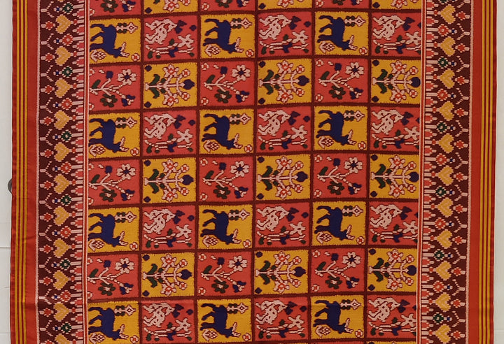 Red & Mustard Traditional Patola Inspired Silk Blend Saree with Folk Motifs P17