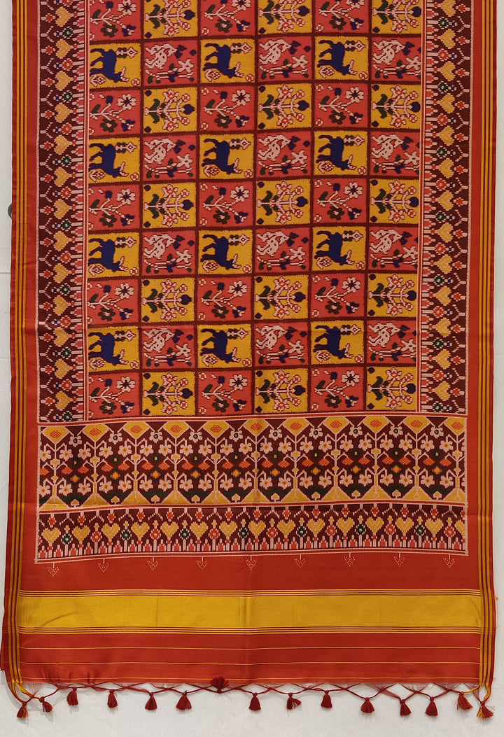 Red & Mustard Traditional Patola Inspired Silk Blend Saree with Folk Motifs P17