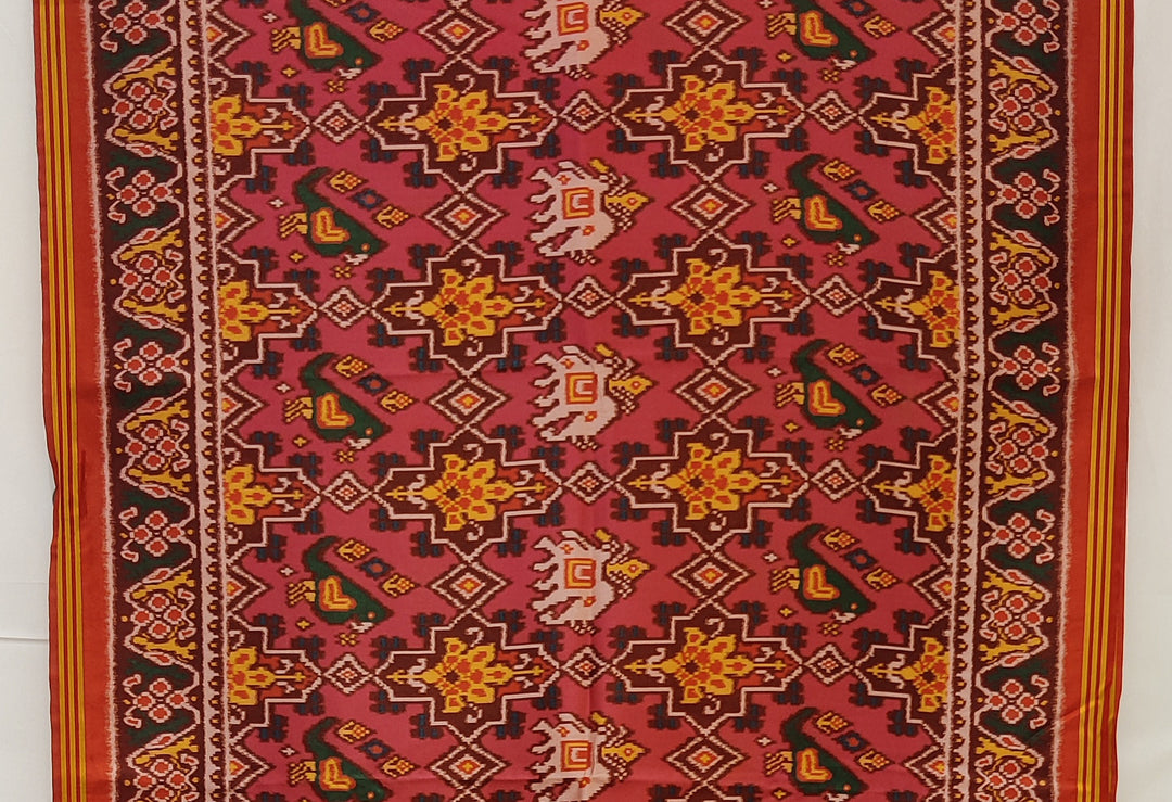 Rose Pink & Rust Red Traditional Patola Inspired Silk Blend Saree with Folk Motifs P107