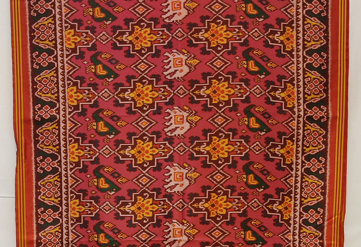 Rose Pink & Rust Red Traditional Patola Inspired Silk Blend Saree with Folk Motifs P107