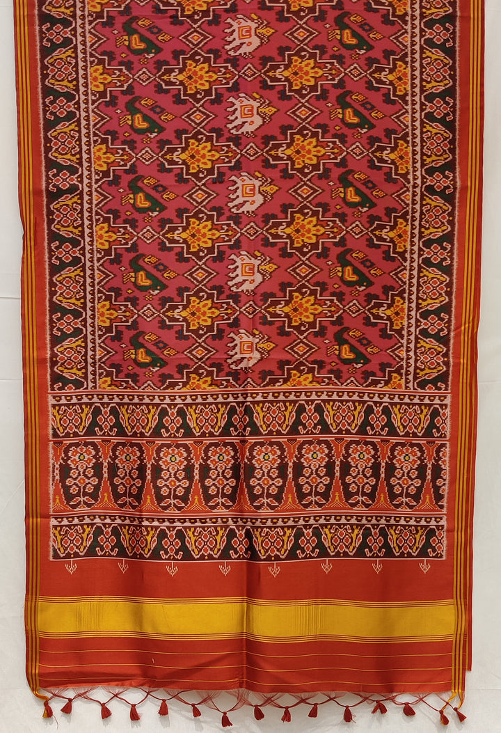 Rose Pink & Rust Red Traditional Patola Inspired Silk Blend Saree with Folk Motifs P107
