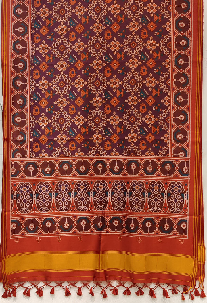 Royal Wine & Rust Patola Inspired Silk Blend Saree with Traditional Gujarati Motifs P67