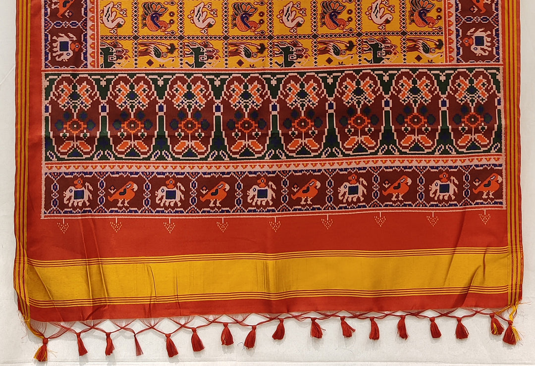 Mustard Yellow Patola Inspired Silk Blend Saree with Traditional Gujarati Animal Motifs P64