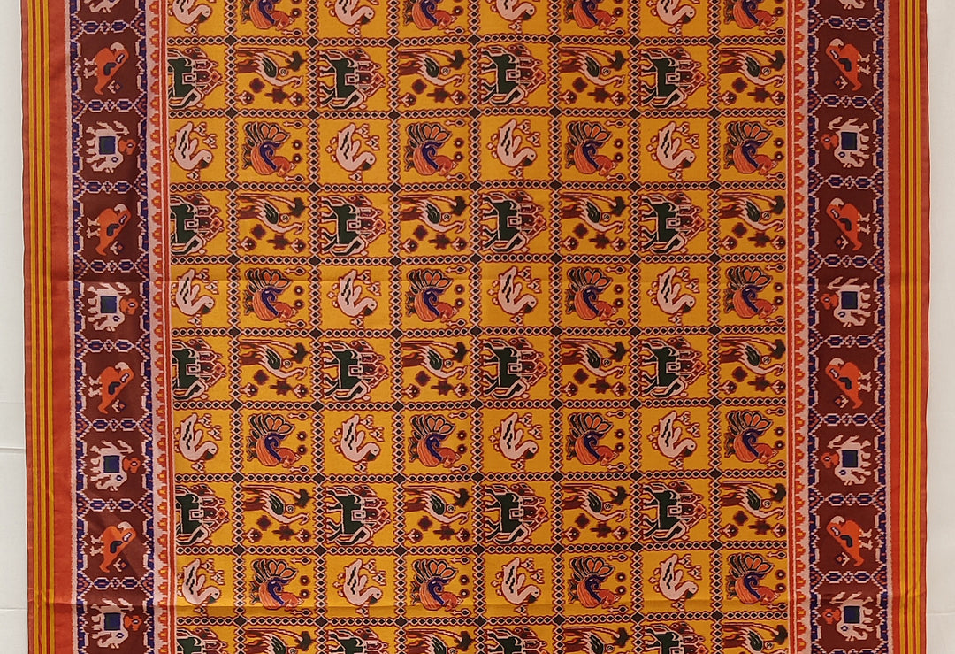 Mustard Yellow Patola Inspired Silk Blend Saree with Traditional Gujarati Animal Motifs P64