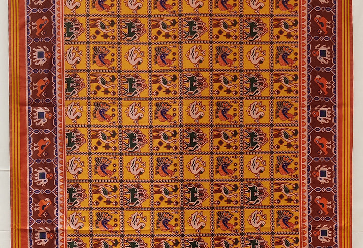 Mustard Yellow Patola Inspired Silk Blend Saree with Traditional Gujarati Animal Motifs P64