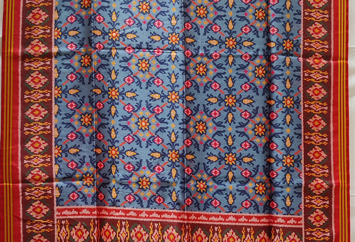 Traditional Gujarati Patola Inspired Saree in Steel Blue with Multicolour Motifs P179