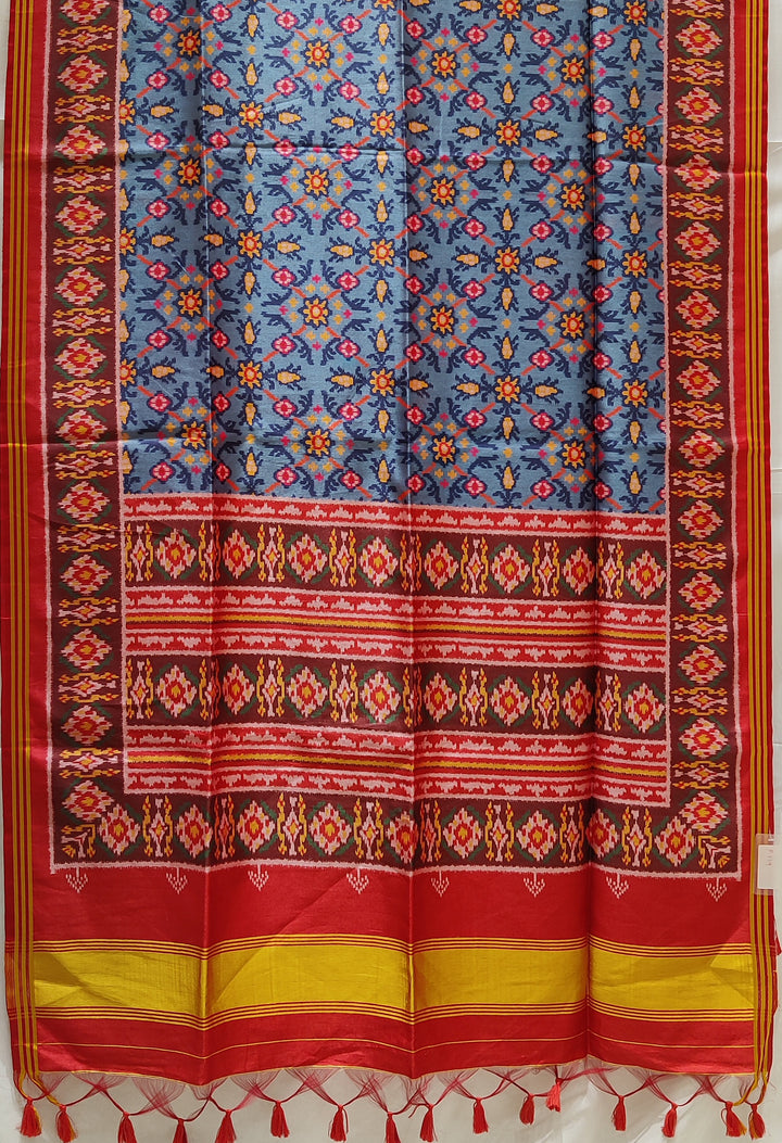 Traditional Gujarati Patola Inspired Saree in Steel Blue with Multicolour Motifs P179