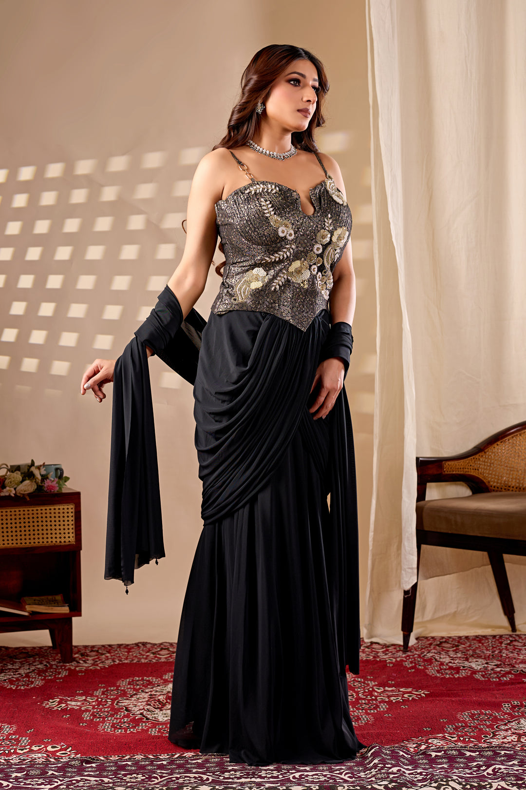 Midnight Black Indo-Western Drape Set with Embroidered Corset Top