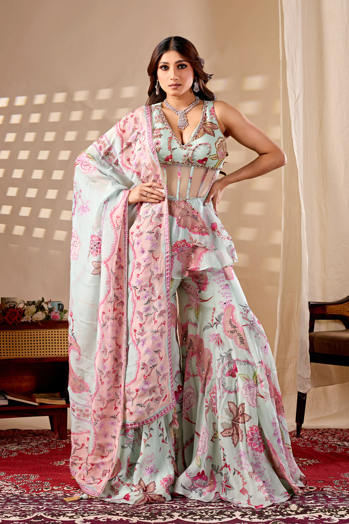 Pastel Mint Floral Indo-Western Palazzo Set with Dupatta