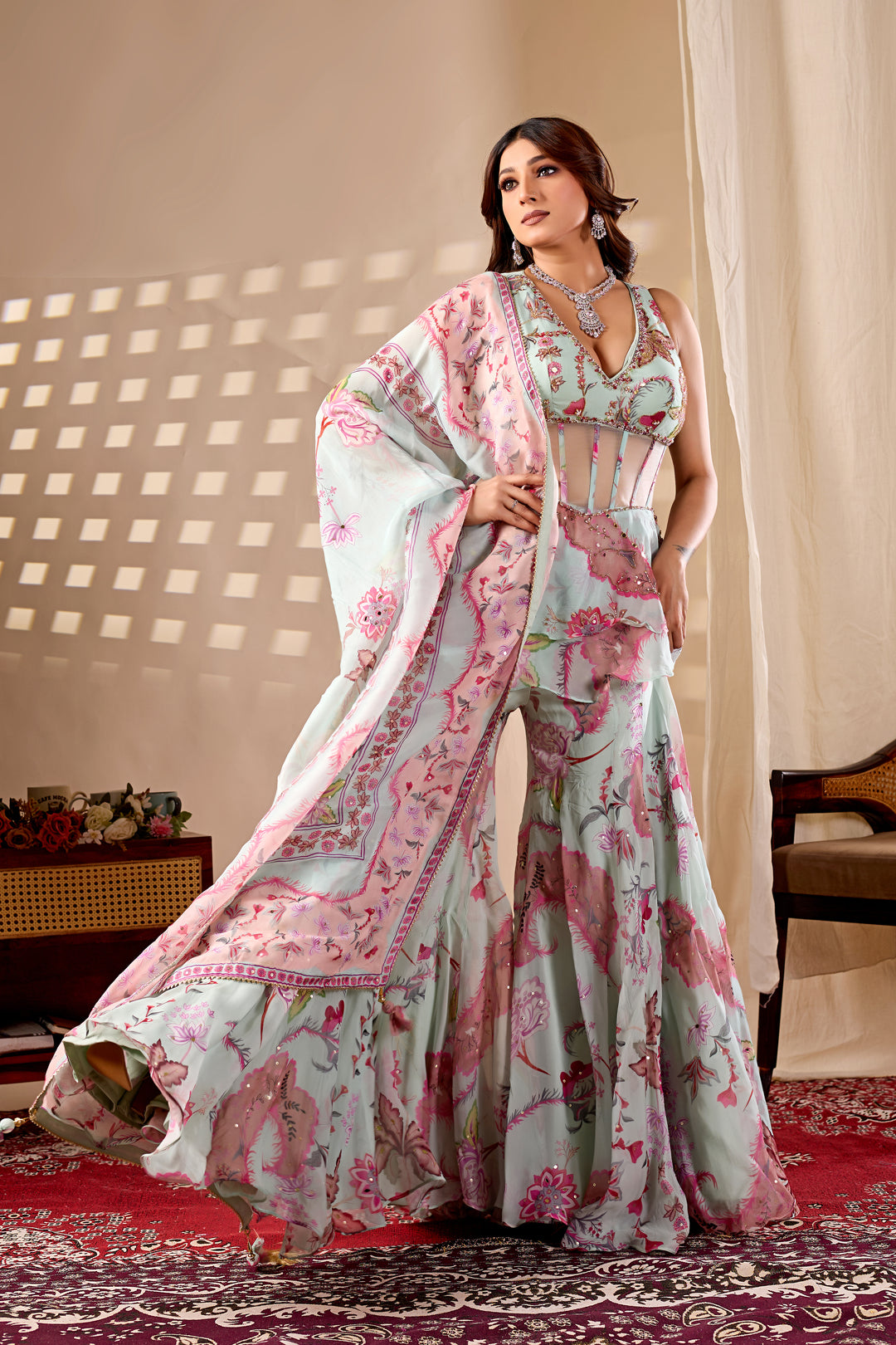 Pastel Mint Floral Indo-Western Palazzo Set with Dupatta