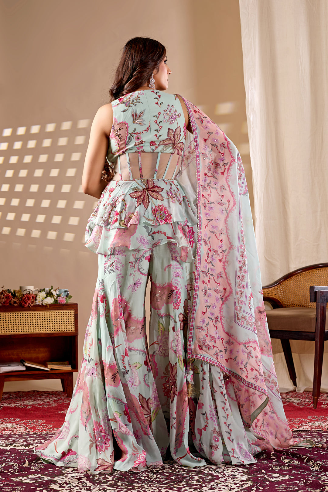 Pastel Mint Floral Indo-Western Palazzo Set with Dupatta