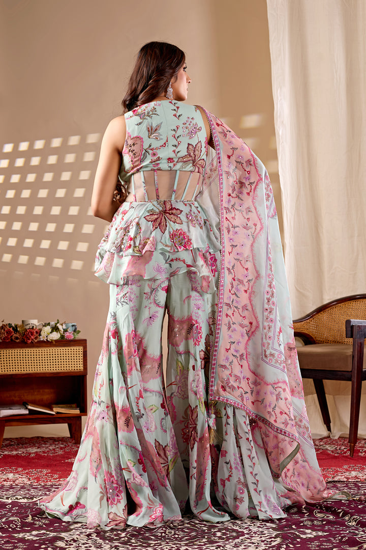 Pastel Mint Floral Indo-Western Palazzo Set with Dupatta