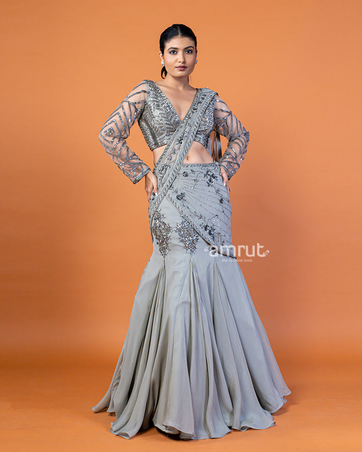 Ready-to-Wear Gray Saree Flared Mermaid with Silver Embellished Blouse