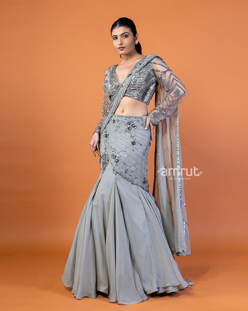 Ready-to-Wear Gray Saree Flared Mermaid with Silver Embellished Blouse