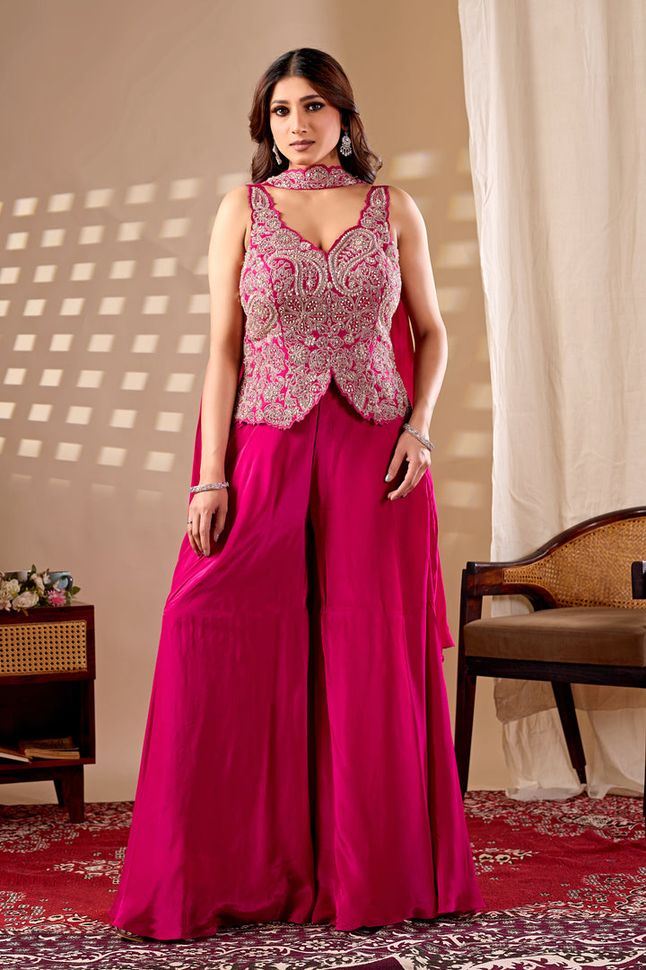 Hot Pink Embroidered Indo-Western Palazzo Set with Cape Dupatta