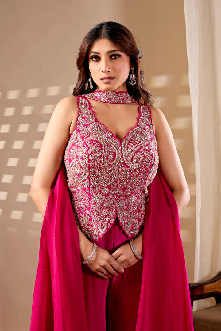 Hot Pink Embroidered Indo-Western Palazzo Set with Cape Dupatta