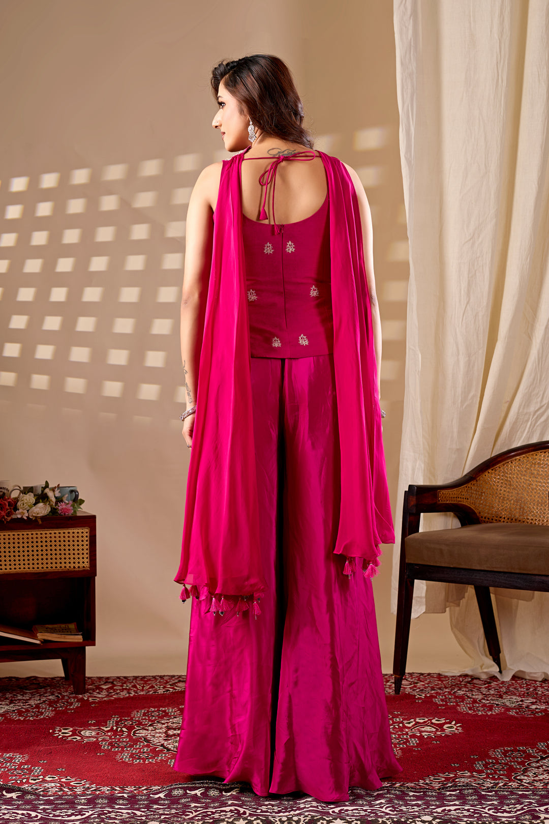 Hot Pink Embroidered Indo-Western Palazzo Set with Cape Dupatta