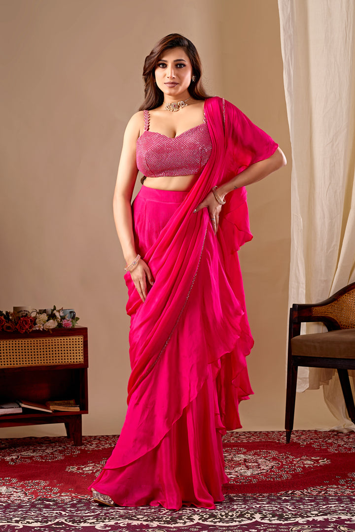 Hot Pink Ready to Wear Saree with Embellished Blouse