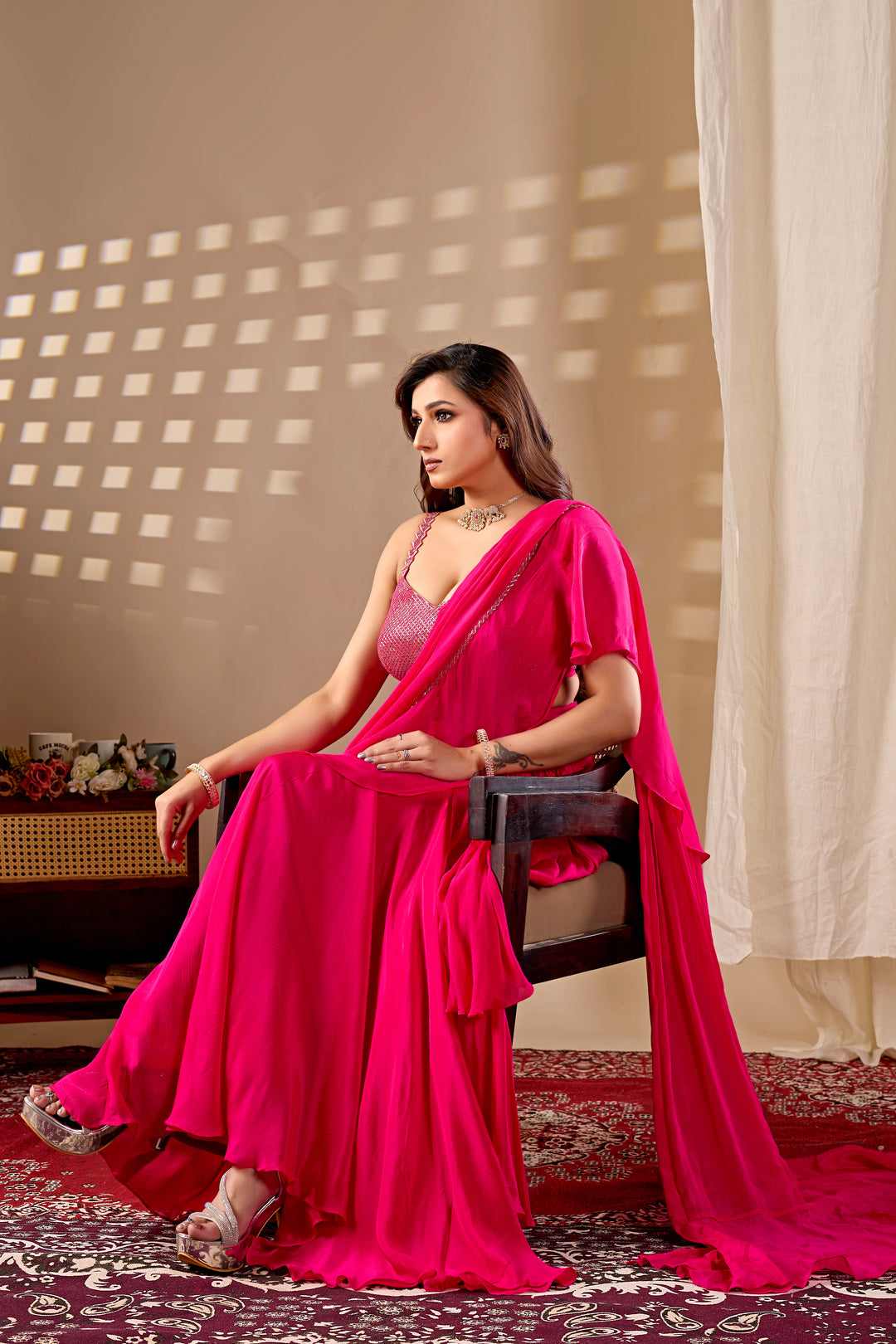 Hot Pink Ready to Wear Saree with Embellished Blouse