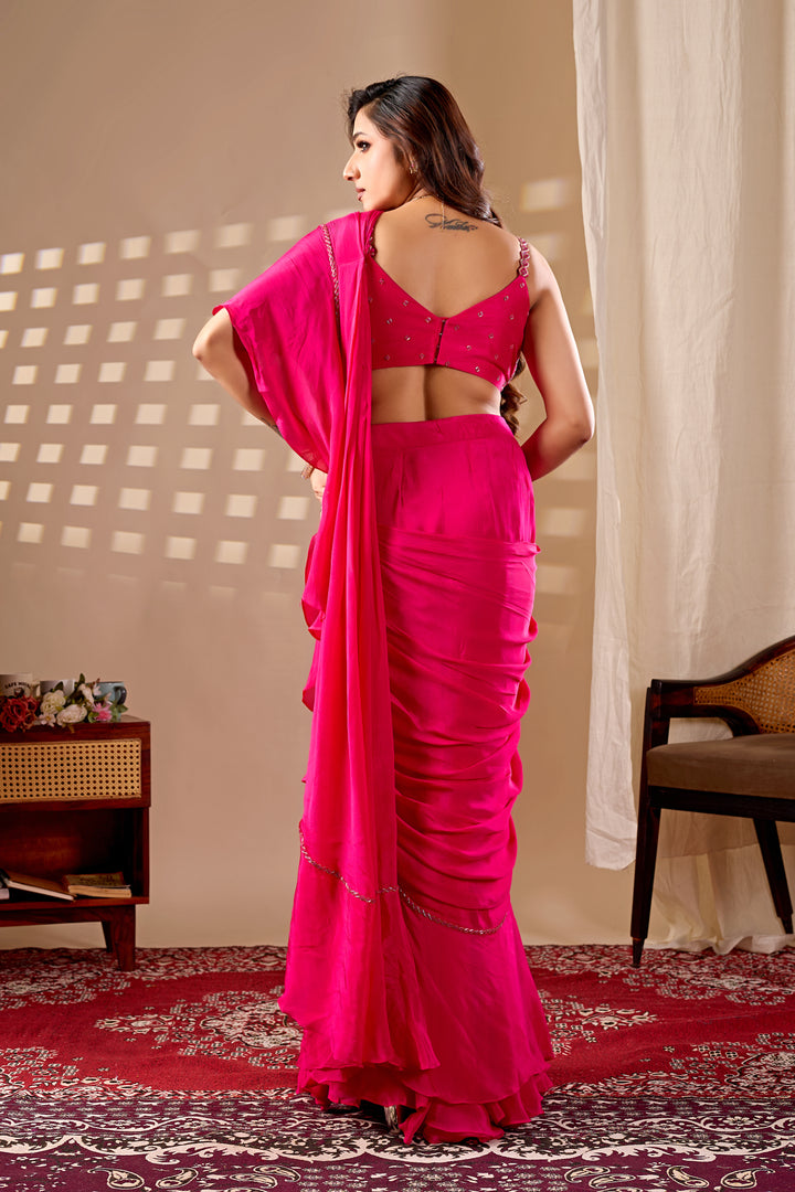 Hot Pink Ready to Wear Saree with Embellished Blouse