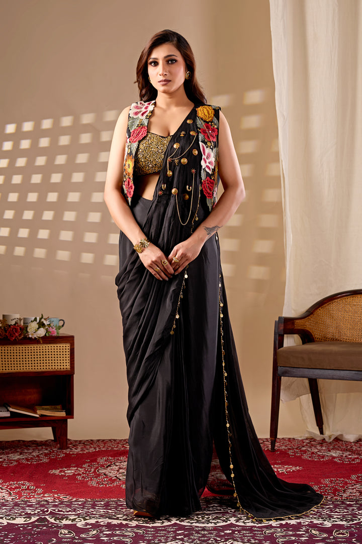 Black Ready to Wear Saree with Embroidered Jacket Blouse