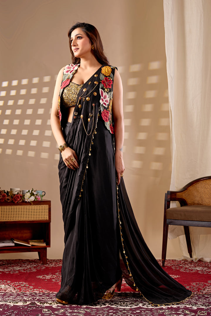 Black Ready to Wear Saree with Embroidered Jacket Blouse
