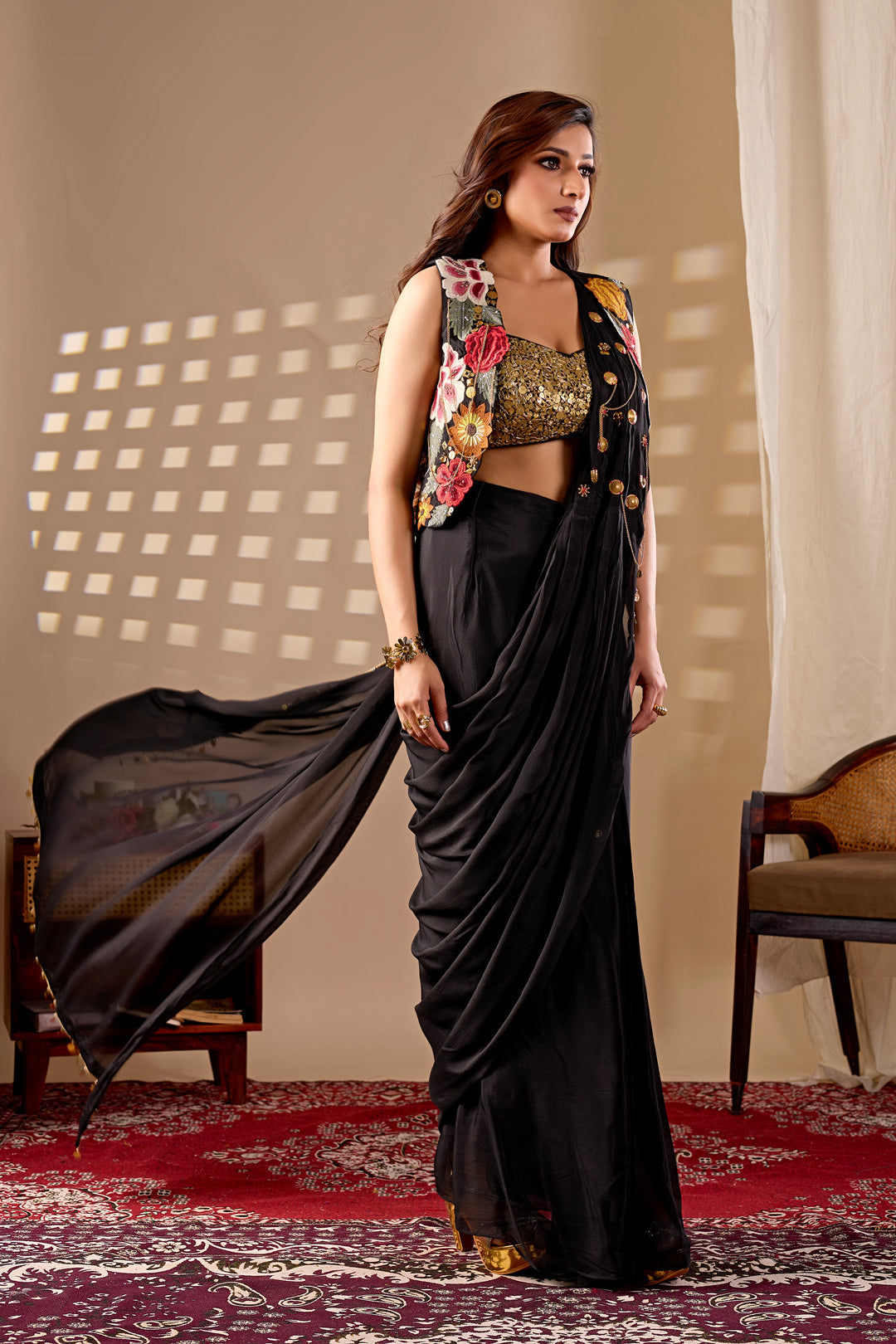 Black Ready to Wear Saree with Embroidered Jacket Blouse
