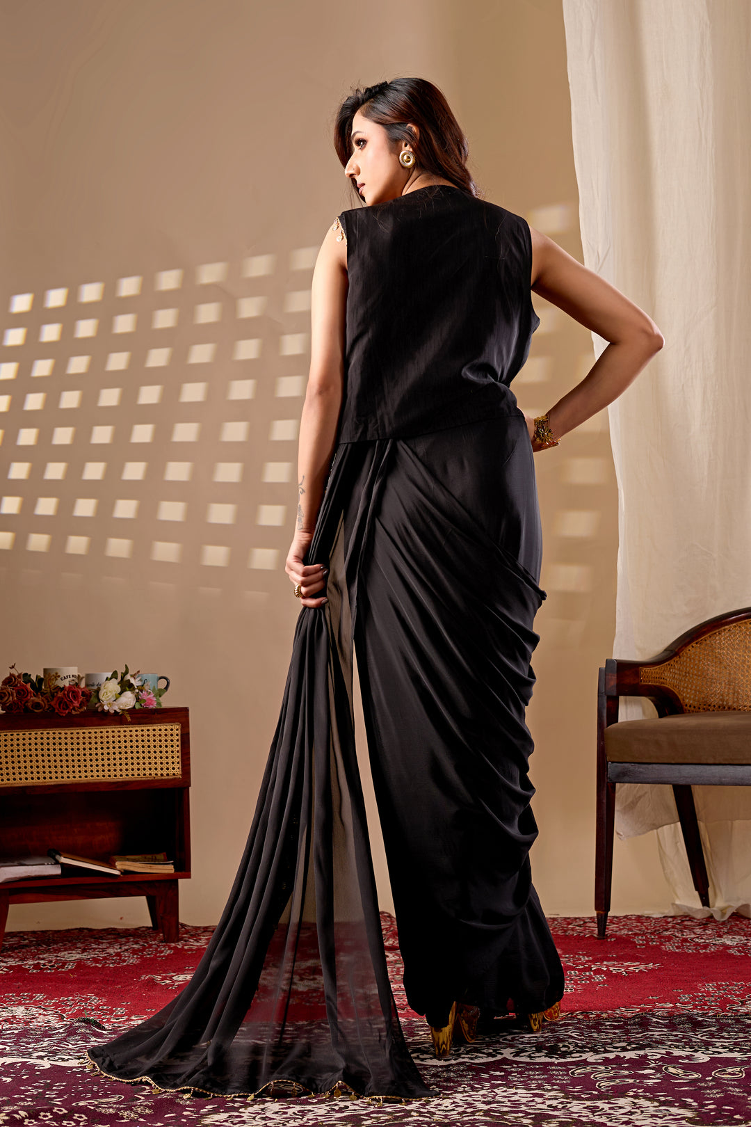 Black Ready to Wear Saree with Embroidered Jacket Blouse